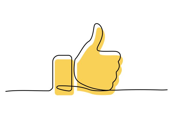 Thumb up black line icon for clients good review, hand gesture with yellow color